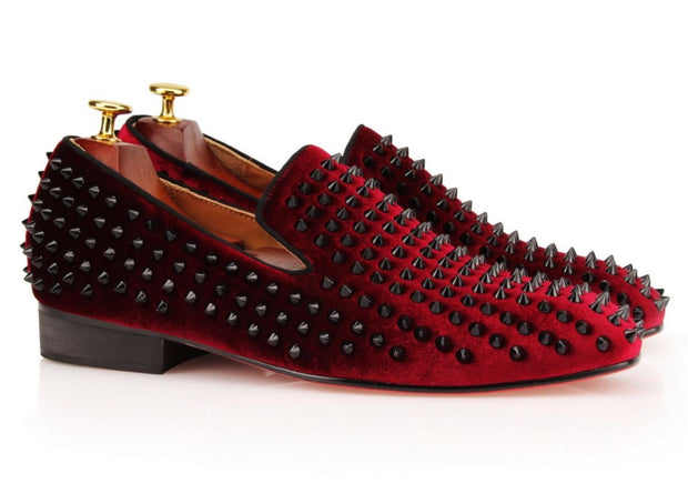 Red Studded Velvet Loafers - Resso Roth