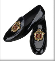 Black Velvet and Patent Leather Embroidery Crest Loafers