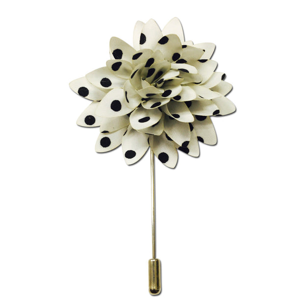 White and Black Polka Dot Flower Lapel Pin Boutonniere - Resso Roth