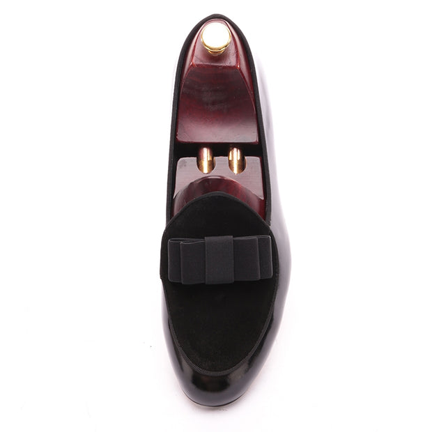 Black Velvet and Patent Leather Black Bow Loafers