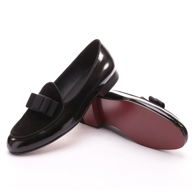 Black Velvet and Patent Leather Black Bow Loafers