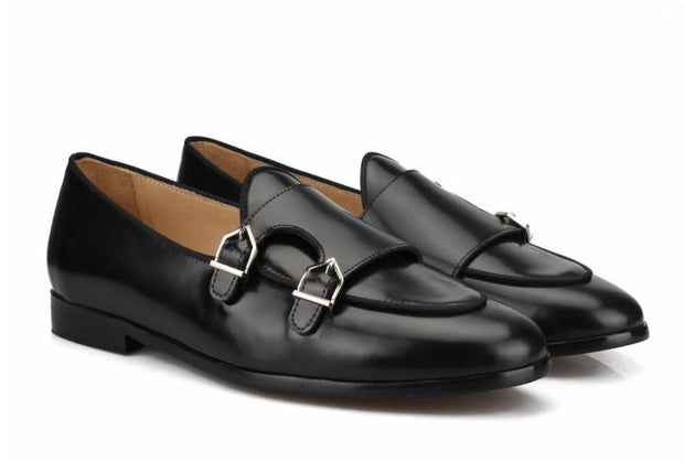 Black Leather Flat Double Monk Loafers - Resso Roth