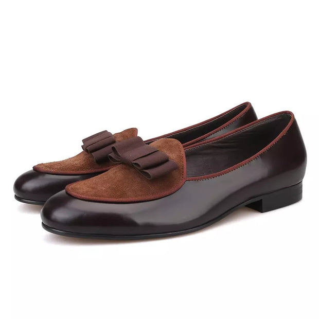 Brown Velvet and Patent Leather Brown Bow Loafers