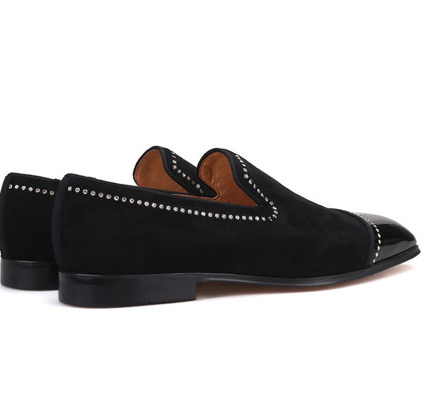 Black Velvet and Patent Leather Crystal Line Loafers
