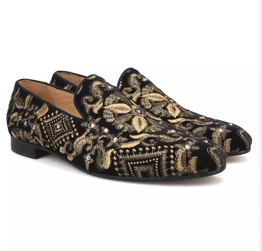 Black Embroidered Gold Velvet Loafers Black Embroidered Gold Velvet Loafers